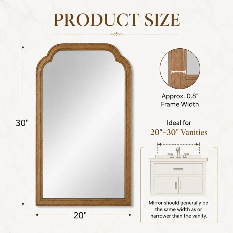 Farmhouse Arched Solid Pine Wood Bathroom Vanity Mirror with Tempered Glass