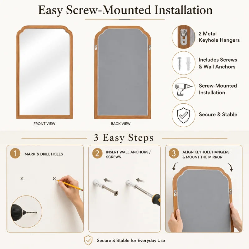 Farmhouse Arched Solid Pine Wood Bathroom Vanity Mirror with Tempered Glass