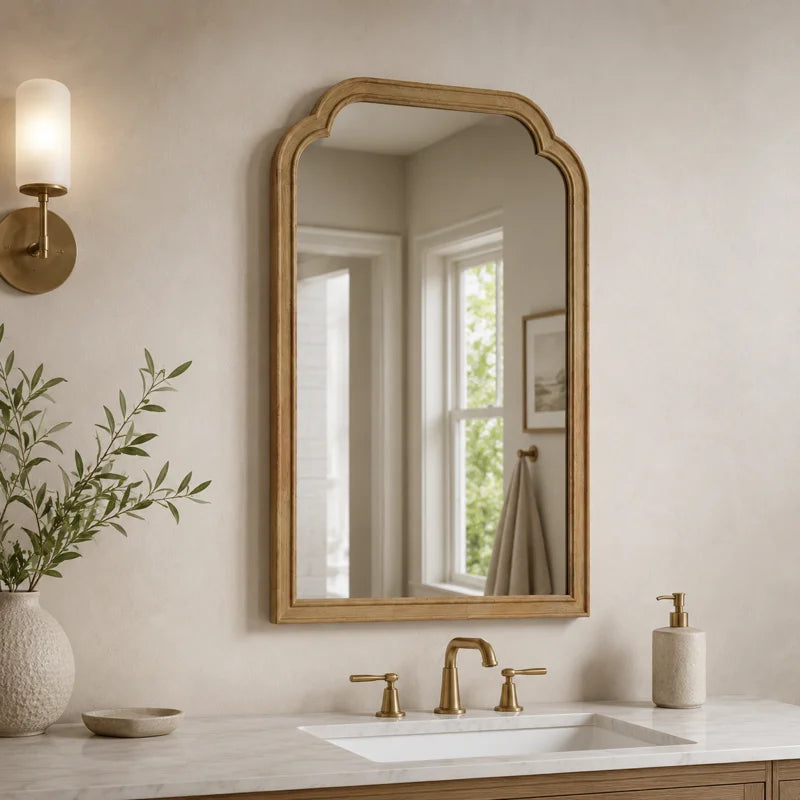 Farmhouse Arched Solid Pine Wood Bathroom Vanity Mirror with Tempered Glass