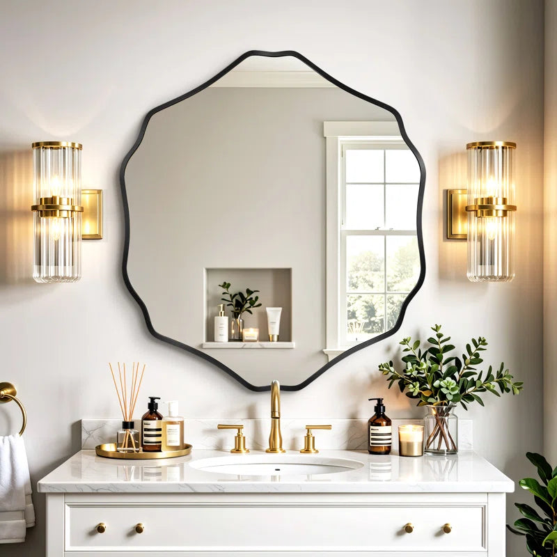 Scalloped Octagon Wall Mirror, Wavy Edge Decorative Vanity Mirror with Metal Frame for Bathroom, Bedroom, Entryway