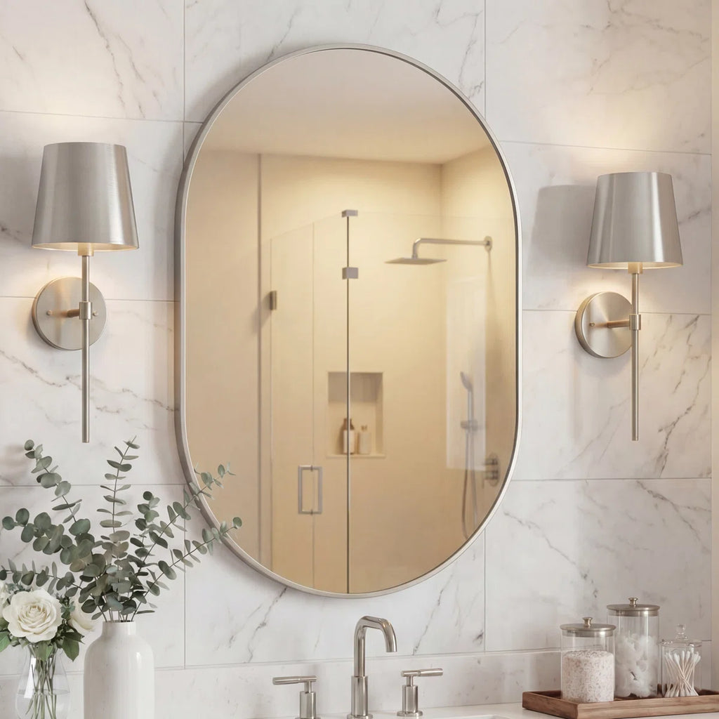 Milly 24 in. W x 36 in. H Medium Oval Metal Framed Wall Mirror, Bathroom Vanity Mirror Vertical/Horizontal, Nickel