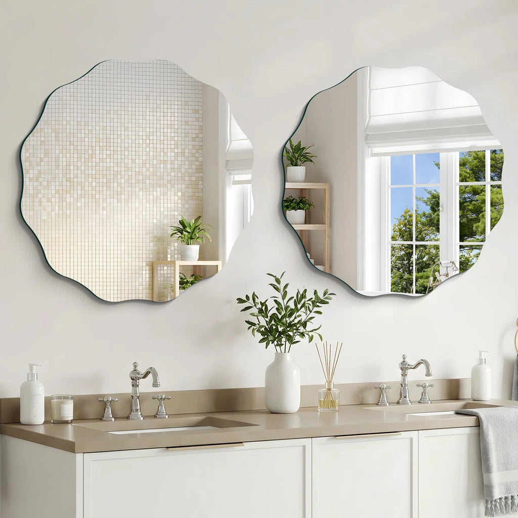 Ebern Designs Frameless Wavy Round Mirror, 24'' Scalloped Circle Wall Mirror