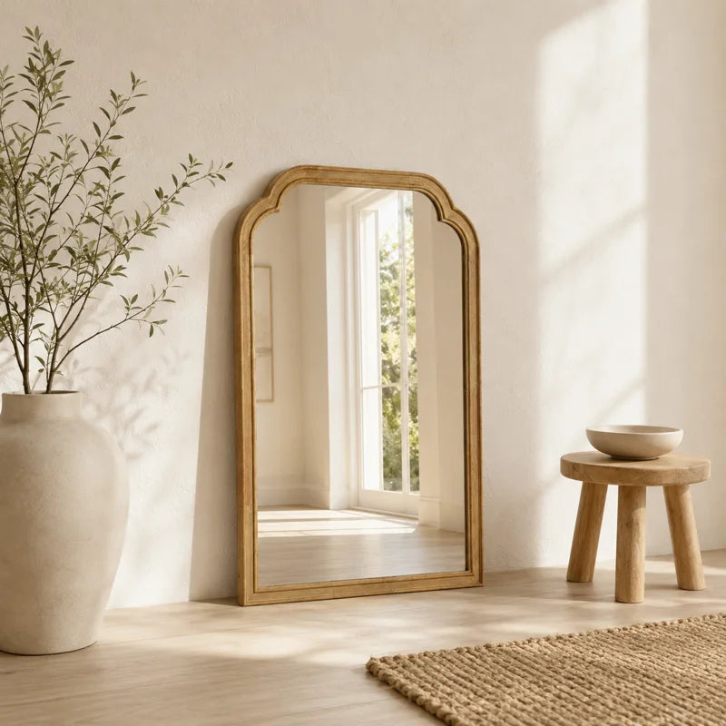Farmhouse Arched Solid Pine Wood Bathroom Vanity Mirror with Tempered Glass