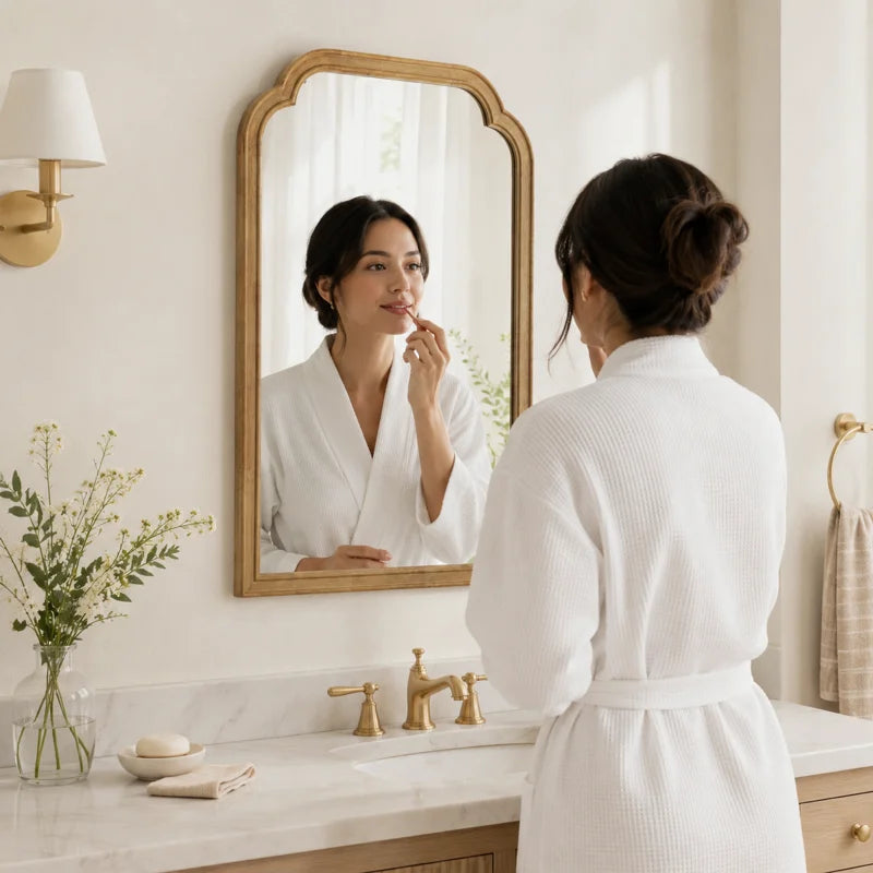 Farmhouse Arched Solid Pine Wood Bathroom Vanity Mirror with Tempered Glass