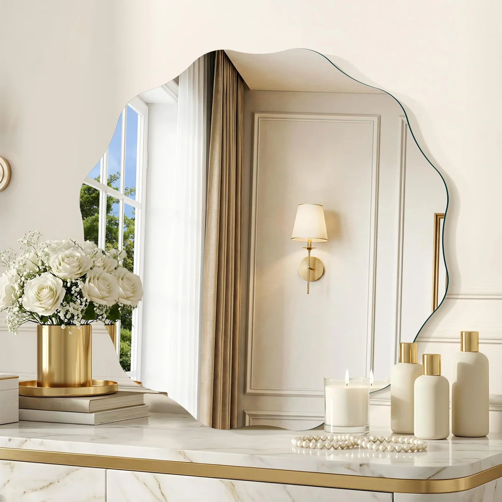 Ebern Designs Frameless Wavy Round Mirror, 24'' Scalloped Circle Wall Mirror