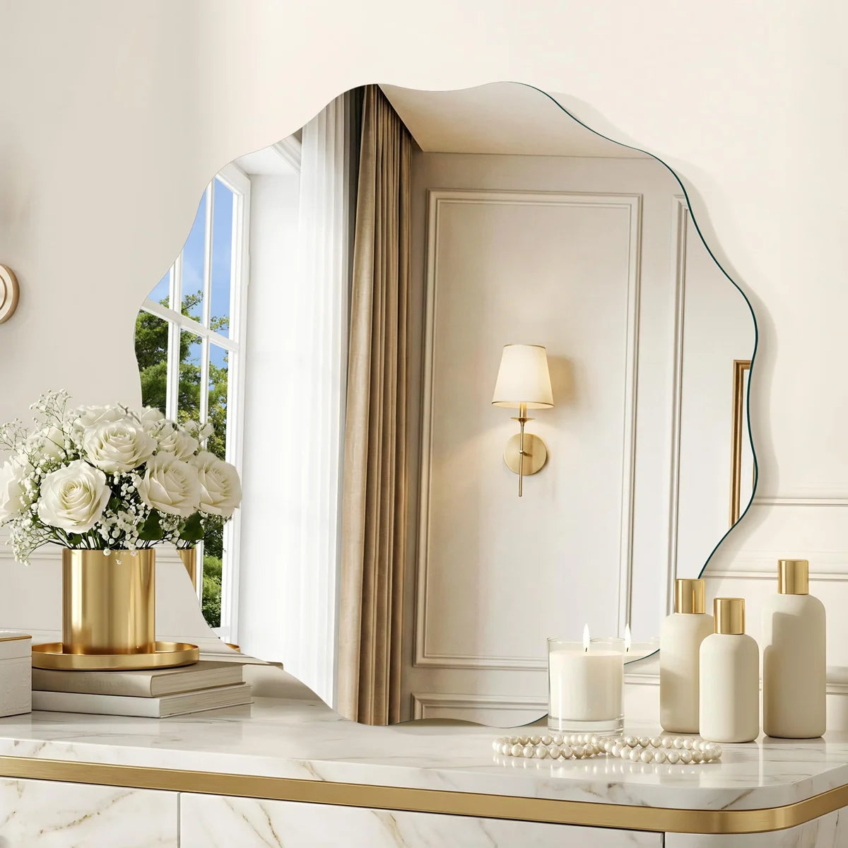 Ebern Designs Frameless Wavy Round Mirror, 24'' Scalloped Circle Wall Mirror