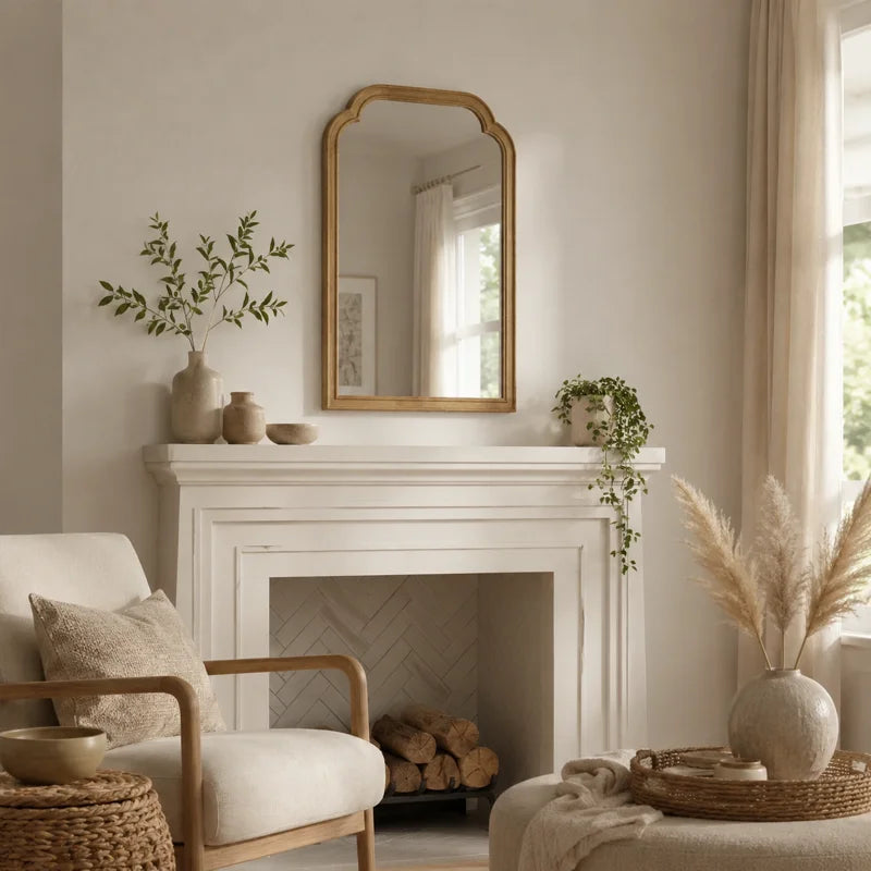 Farmhouse Arched Solid Pine Wood Bathroom Vanity Mirror with Tempered Glass