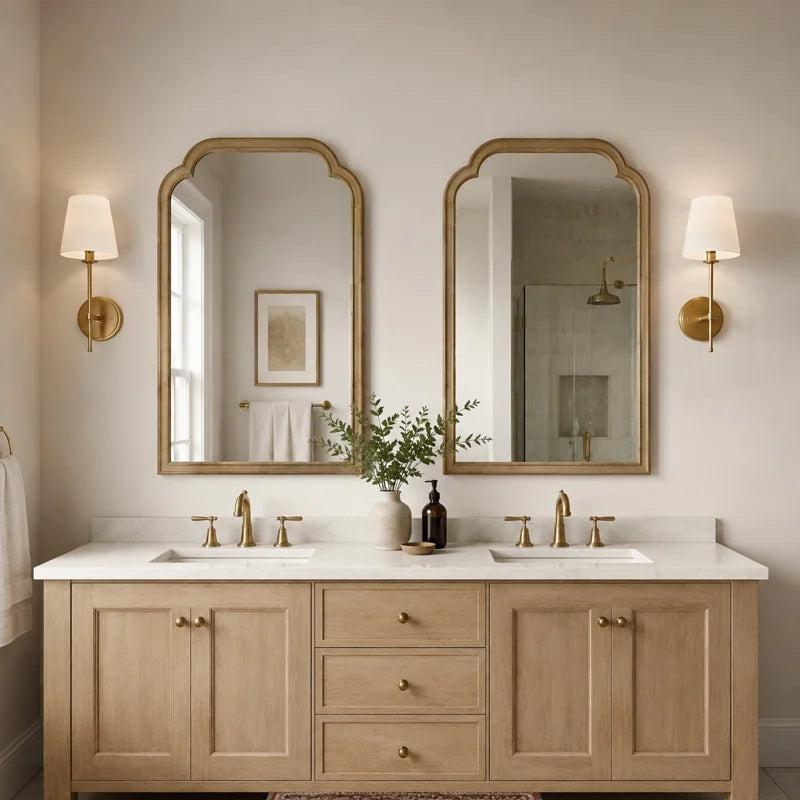 Farmhouse Arched Solid Pine Wood Bathroom Vanity Mirror with Tempered Glass