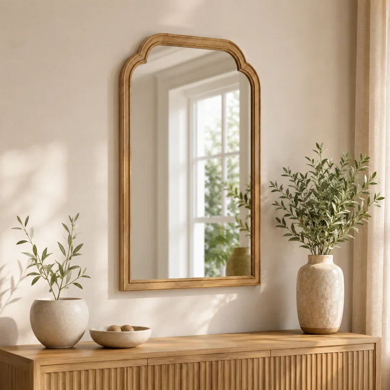 Farmhouse Arched Solid Pine Wood Bathroom Vanity Mirror with Tempered Glass