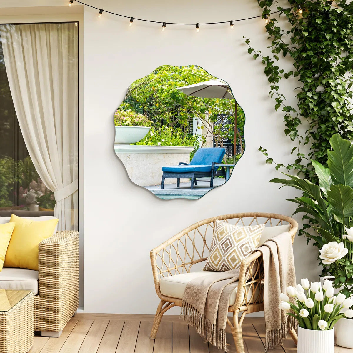 Ebern Designs Frameless Wavy Round Mirror, 24'' Scalloped Circle Wall Mirror
