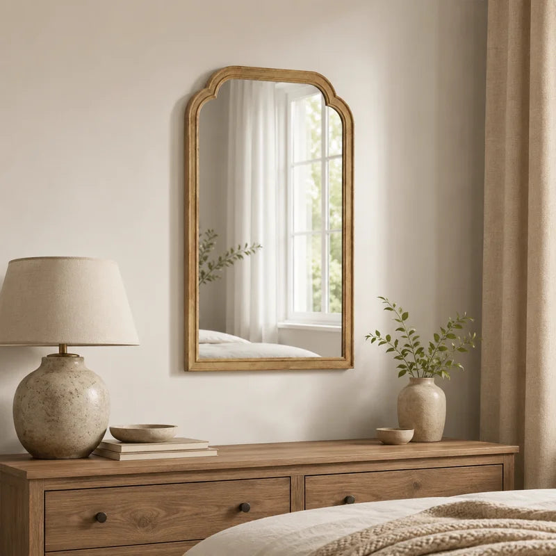 Farmhouse Arched Solid Pine Wood Bathroom Vanity Mirror with Tempered Glass