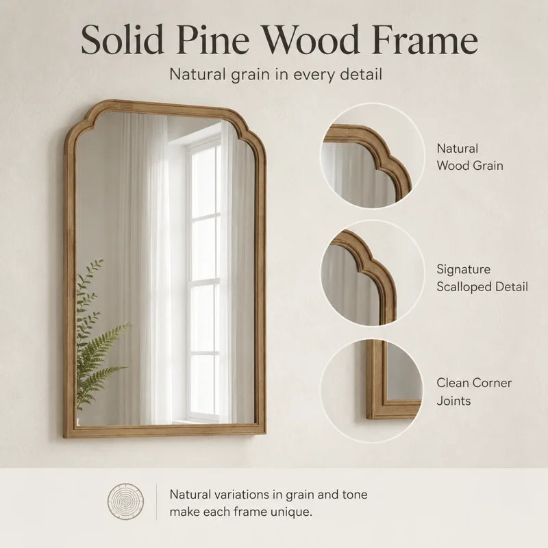 Farmhouse Arched Solid Pine Wood Bathroom Vanity Mirror with Tempered Glass