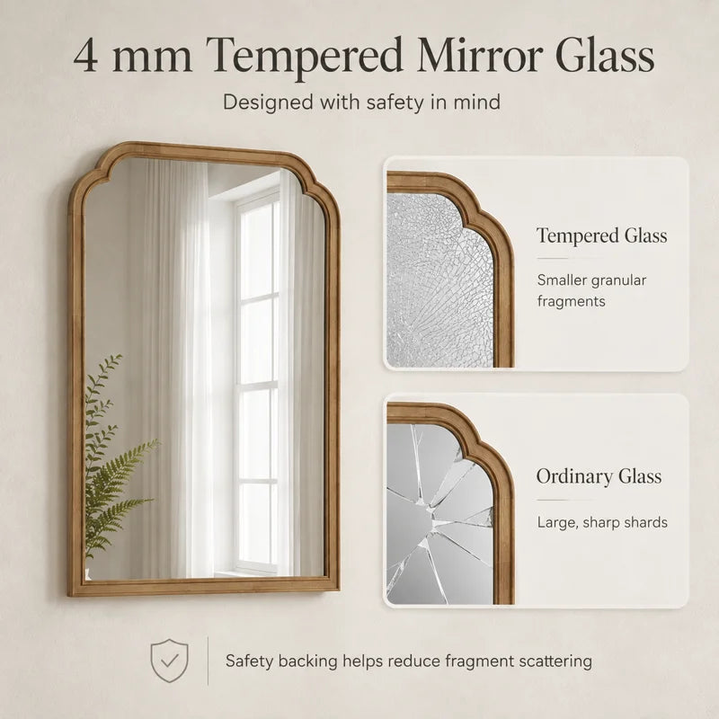 Farmhouse Arched Solid Pine Wood Bathroom Vanity Mirror with Tempered Glass
