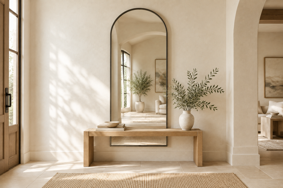 Arched mirror in a warm ivory entryway