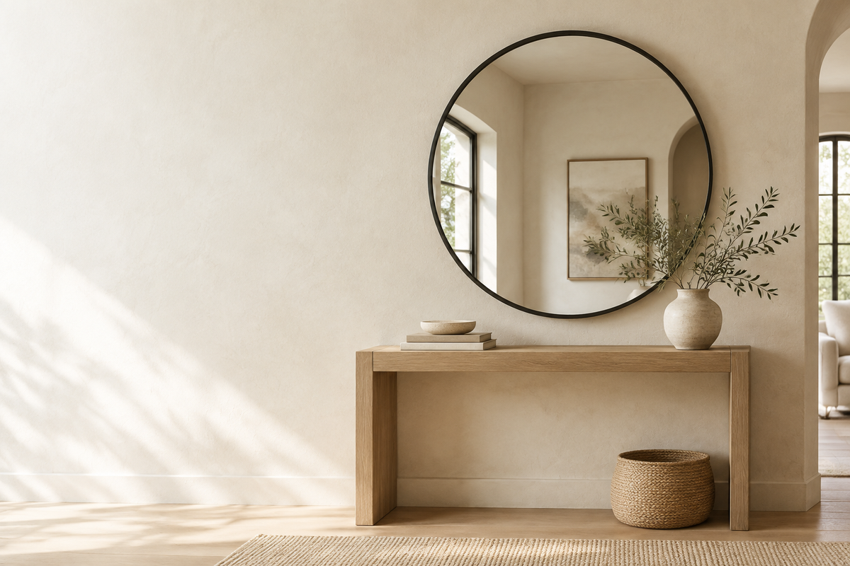 Warm ivory interior with a charcoal-framed mirror